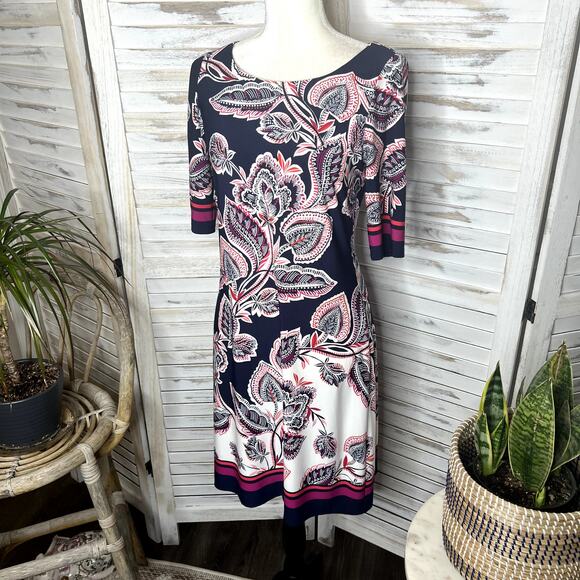 Eliza J Bold Floral Print Knee Length Shift Dress Navy 6 Elbow Sleeves 6 Bandana - Picture 5 of 15